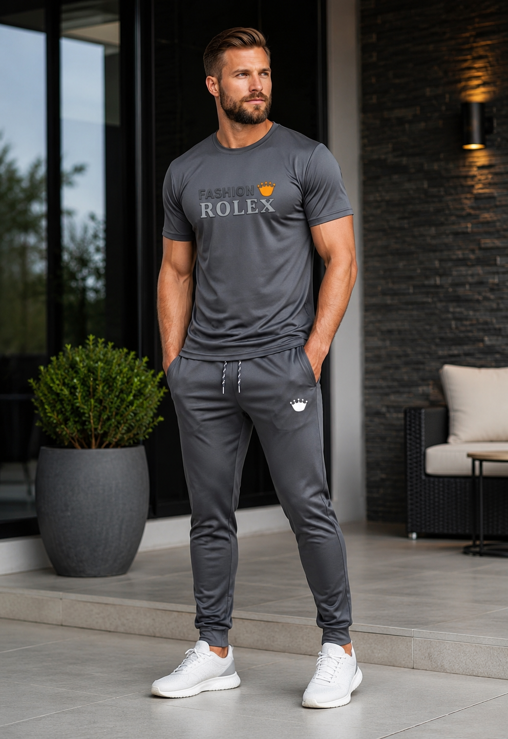 Fashion Rolex Men's Premium Grey T-Shirt & Trouser Set