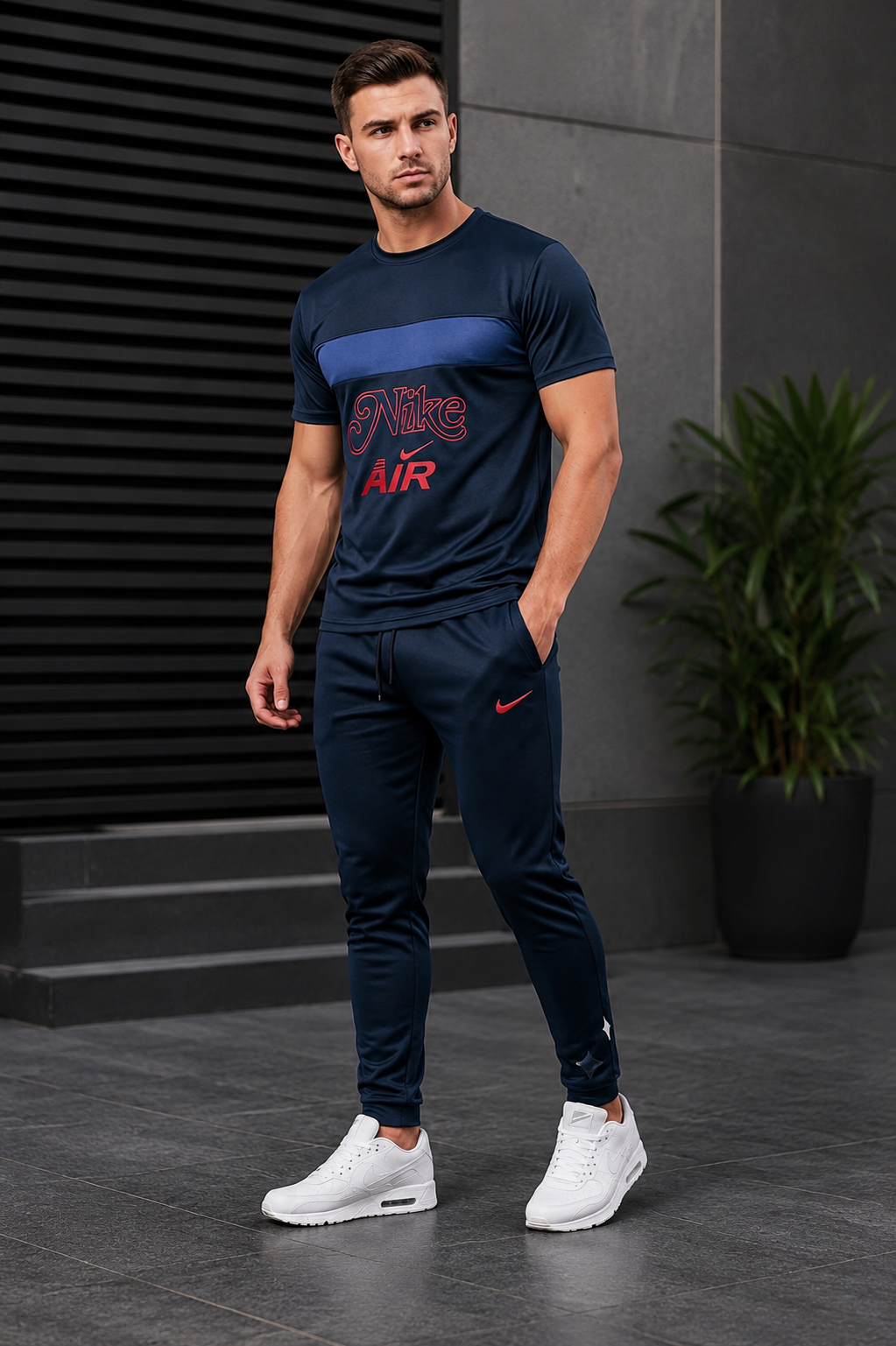 Nike Air  Men's Summer Navy Blue Dry-Fit Sportswear T-Shirt & Trouser Set