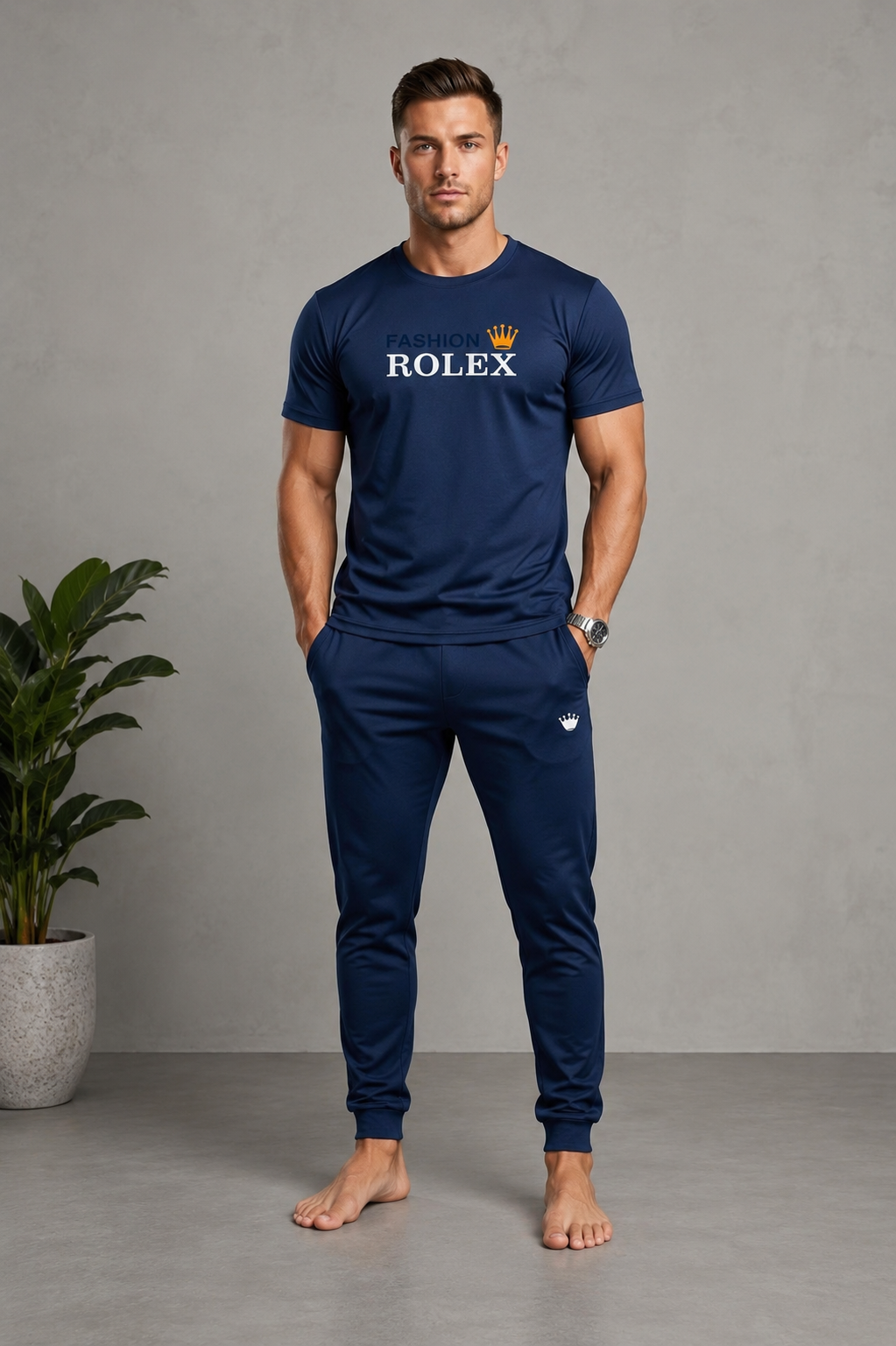 Fashion Rolex Men's Navy Blue Dry-Fit T-Shirt & Trouser Set