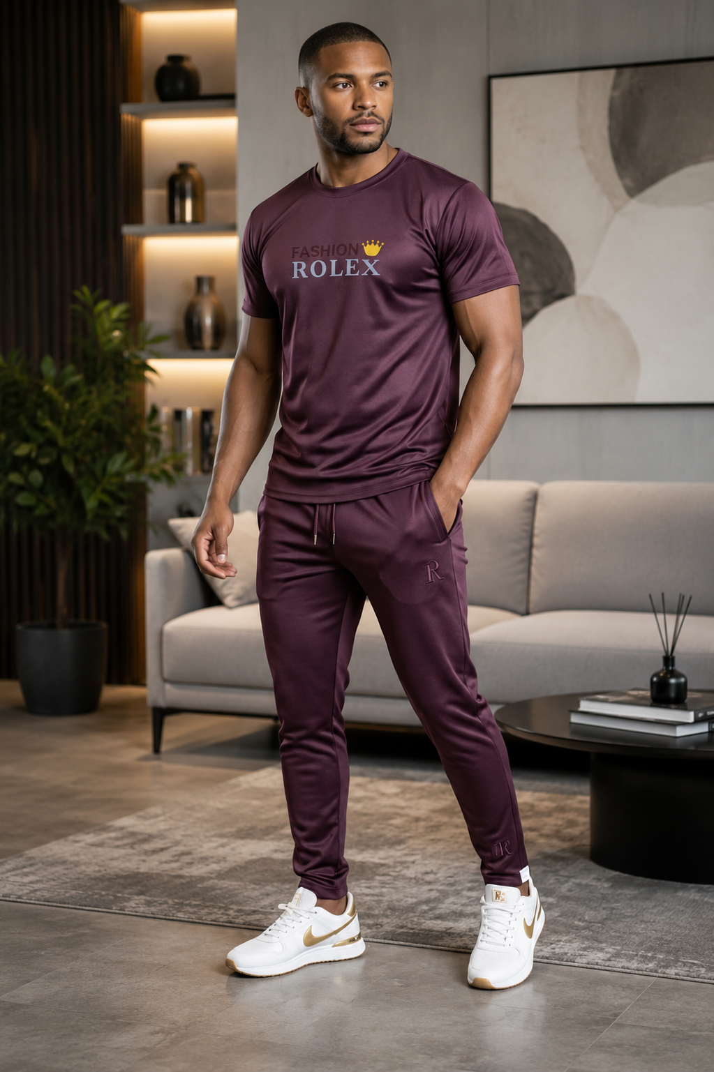 Fashion Rolex Men's Premium Maroon T-Shirt & trouser set