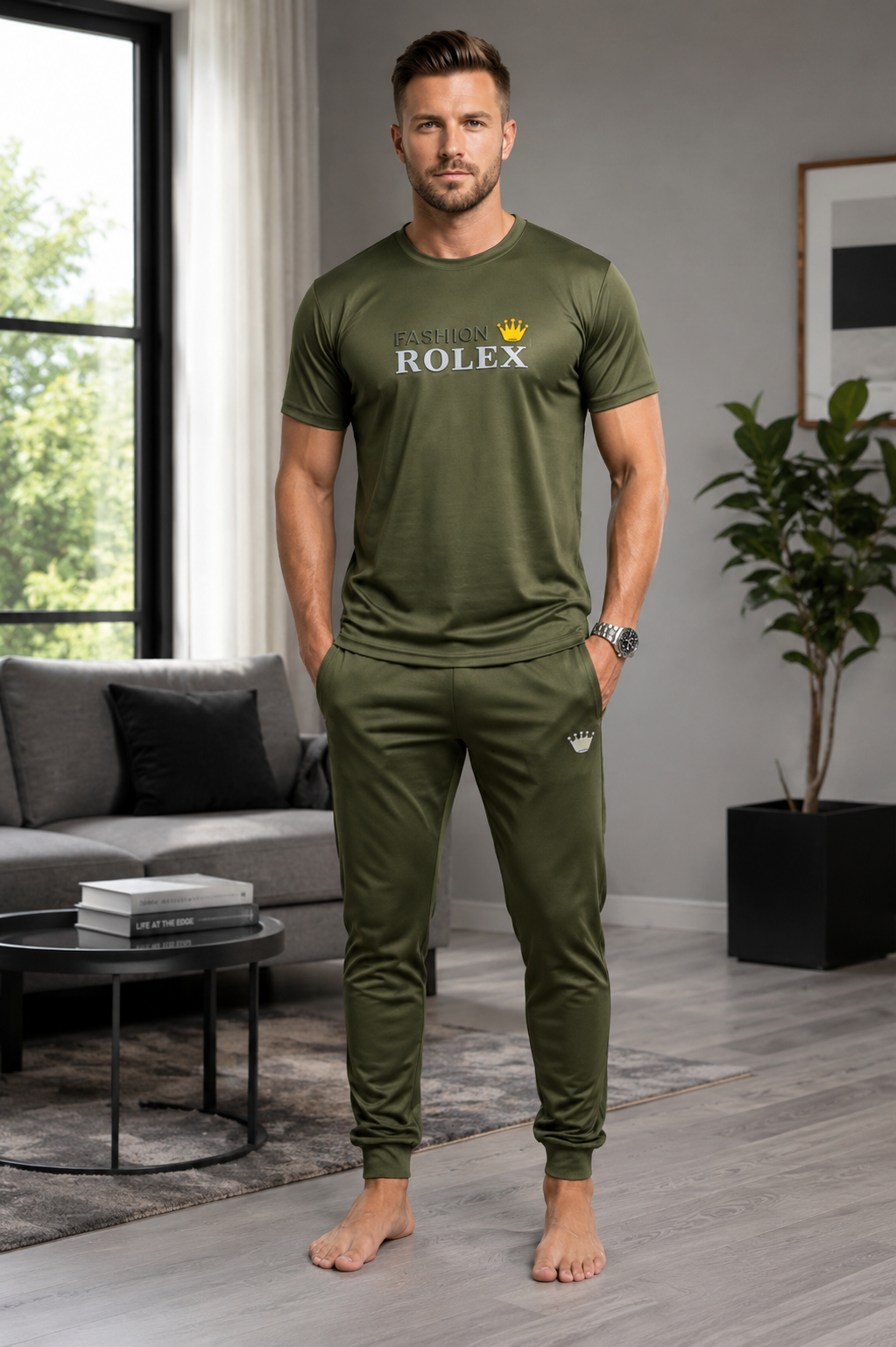 Fashion Rolex Men's Premium Olive Green T-Shirt & Trouser Set