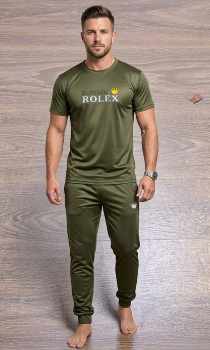 Fashion Rolex Men's Premium Olive Green T-Shirt & Trouser Set