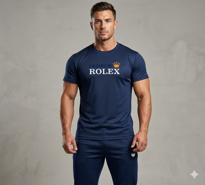 Fashion Rolex Men's Navy Blue Dry-Fit T-Shirt & Trouser Set