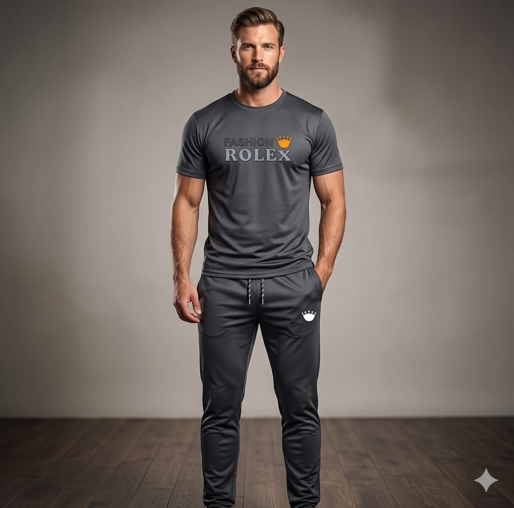 Fashion Rolex Men's Premium Grey T-Shirt & Trouser Set